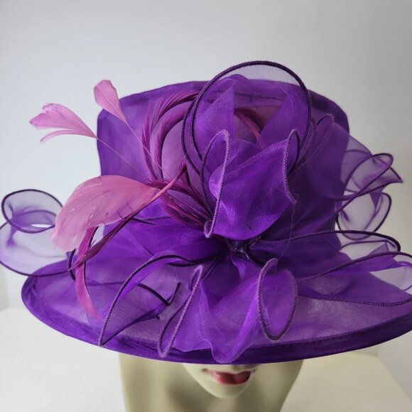 Purple Dress Hat Crushable Packable Deep Purple Satin Band and Pink Feathers - Picture 7 of 15
